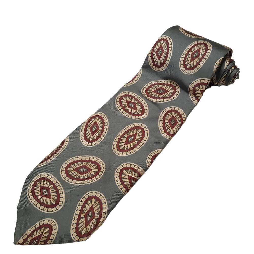 VTG Executive of Boston Necktie Mens Gray Red Medallion Geometric Silk USA Made